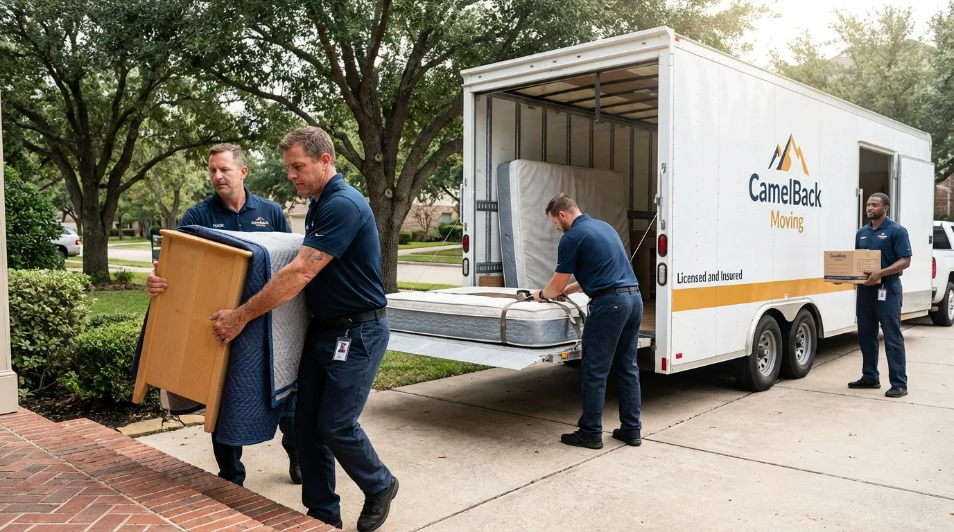 Crew loading residential truck for cross-state move from Livermore, ME