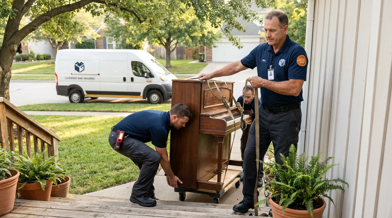 Licensed piano movers securing grand piano in Livermore, ME