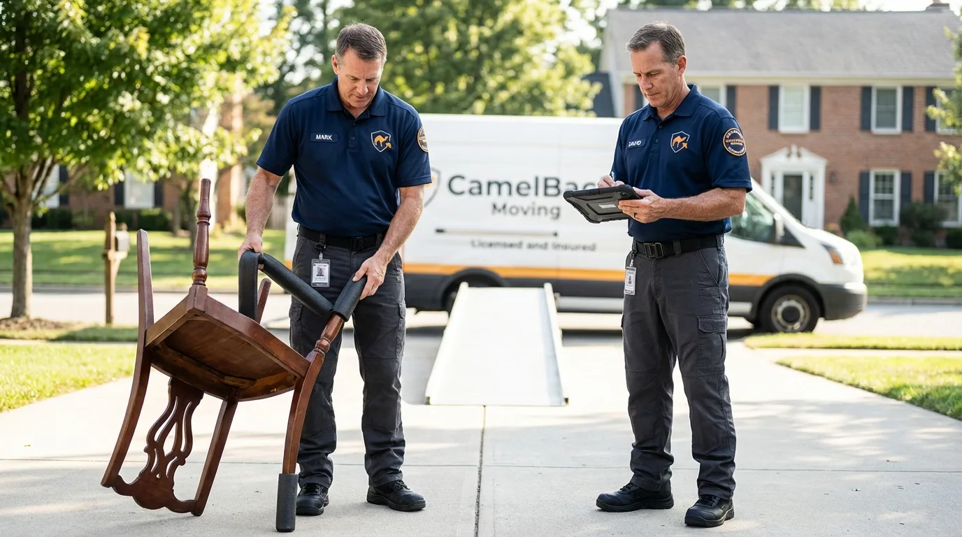 Movers inspecting furniture for damage prevention before loading in Livermore, ME