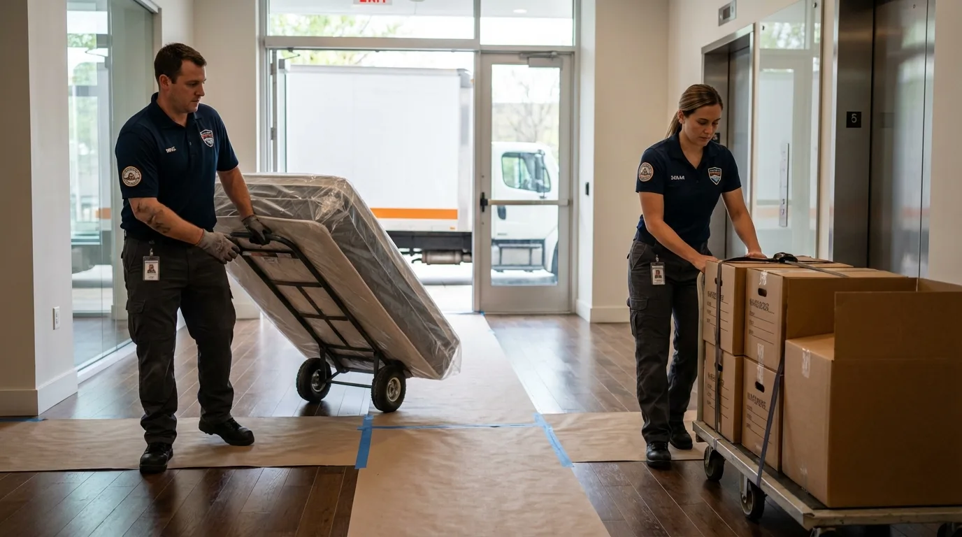 Professional apartment movers loading elevator in Livermore, ME