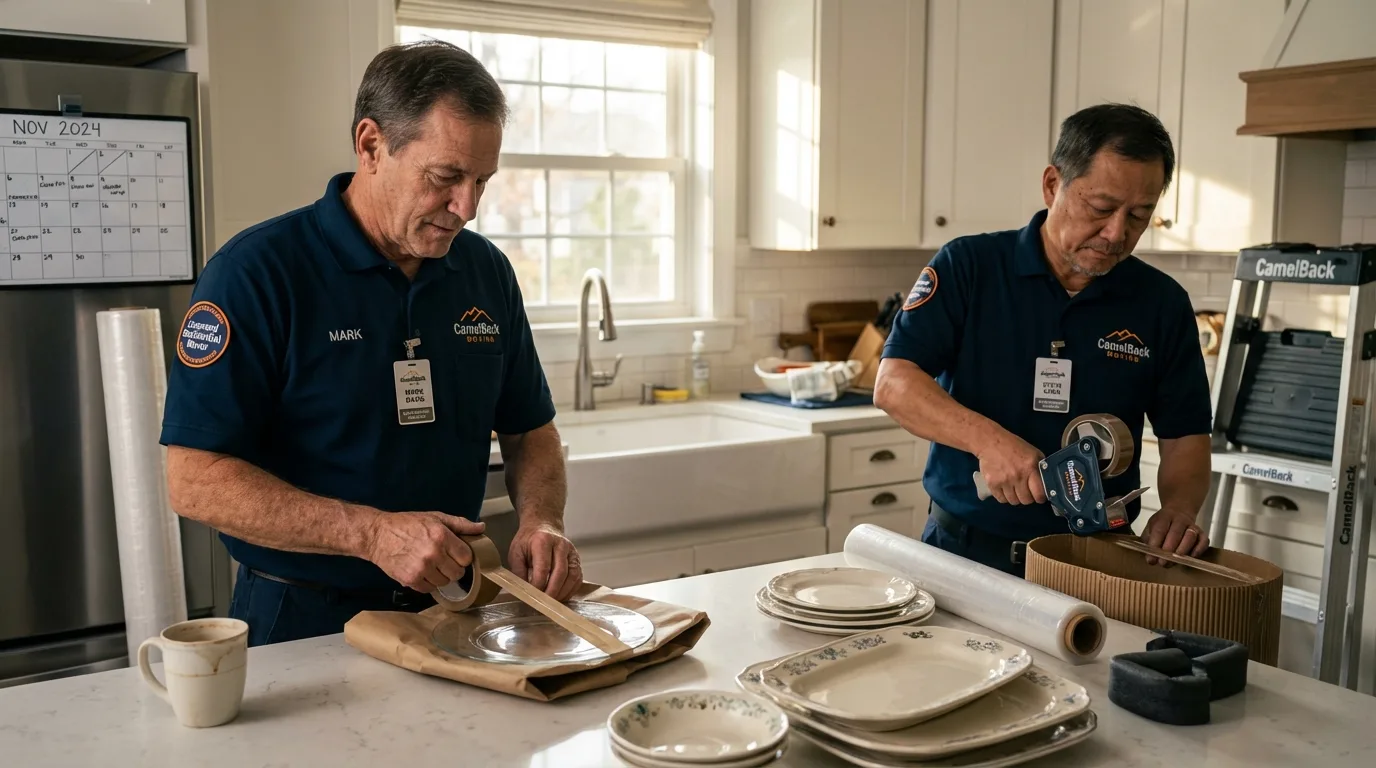 Professional crew packing kitchen dishware in Livermore, ME